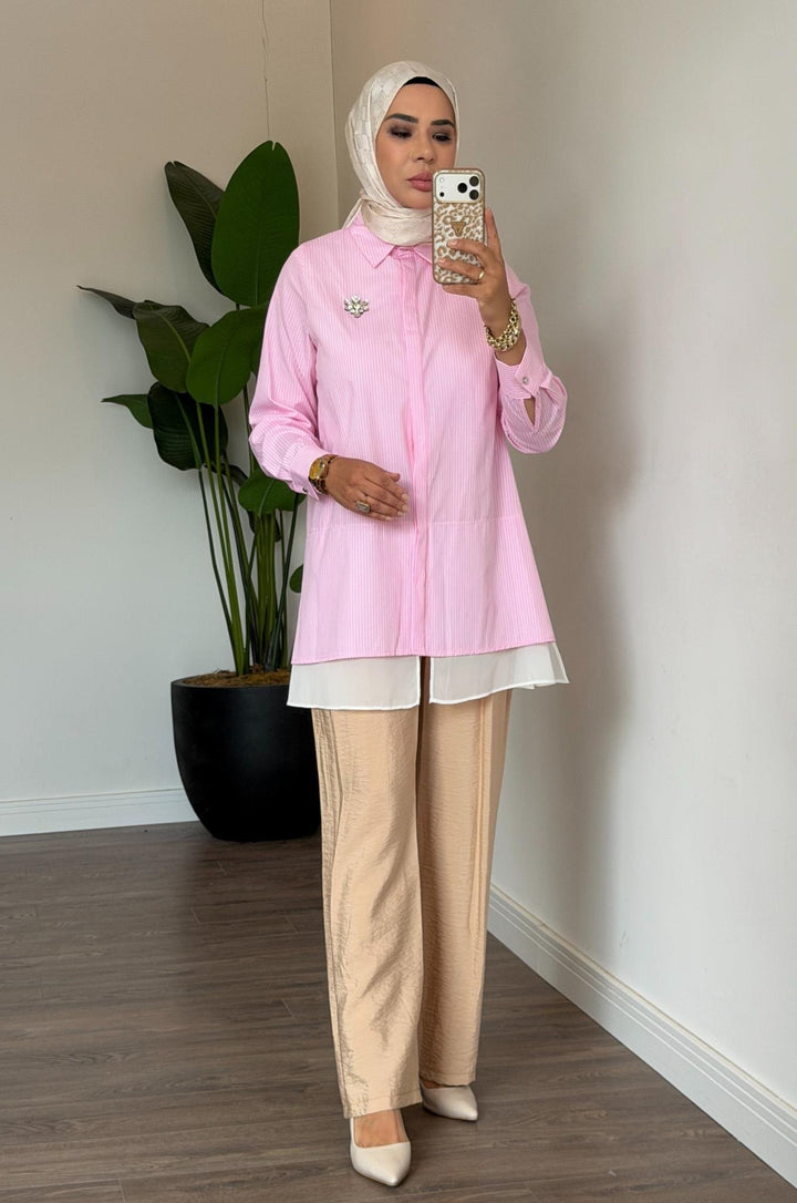 AKSESUAR DETAYLI ÇİZGİLİ GÖMLEK Pembe