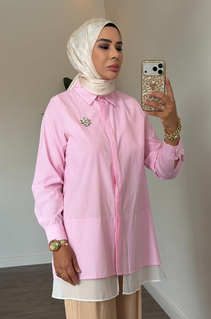 AKSESUAR DETAYLI ÇİZGİLİ GÖMLEK Pembe