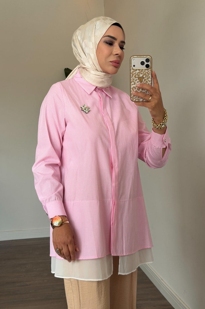 AKSESUAR DETAYLI ÇİZGİLİ GÖMLEK Pembe