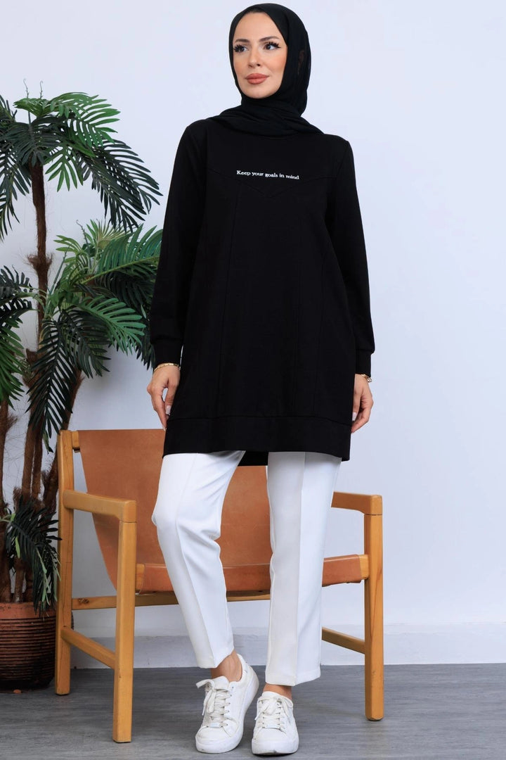 YAZI NAKIŞLI SWEATSHIRT Siyah
