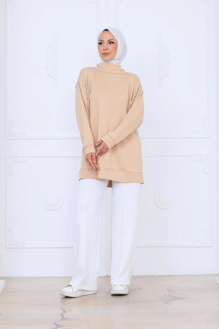 TAŞ DETAYLI DİK YAKA SWEATSHIRT Bej