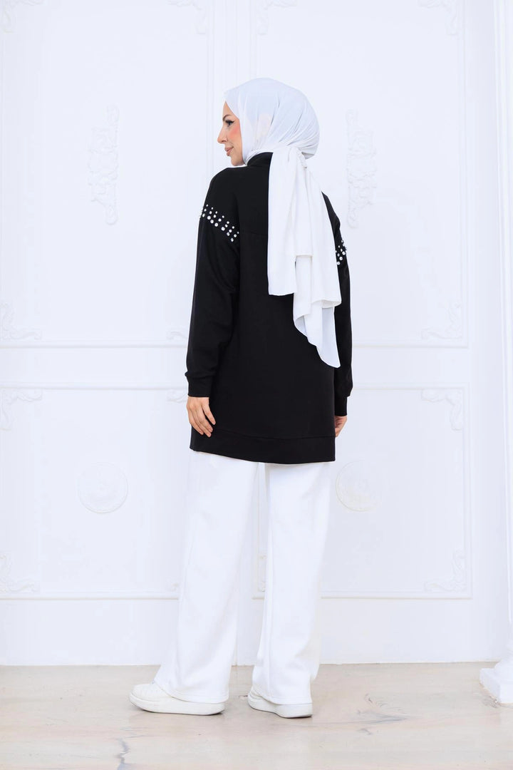 TAŞ DETAYLI DİK YAKA SWEATSHIRT Siyah
