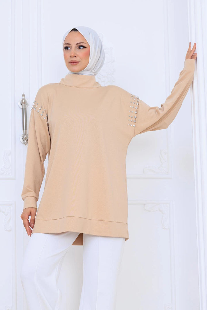 TAŞ DETAYLI DİK YAKA SWEATSHIRT Bej