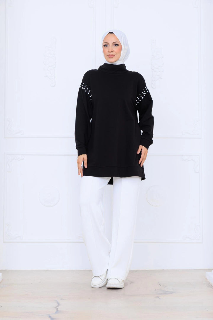 TAŞ DETAYLI DİK YAKA SWEATSHIRT Siyah