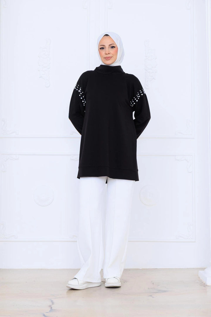 TAŞ DETAYLI DİK YAKA SWEATSHIRT Siyah
