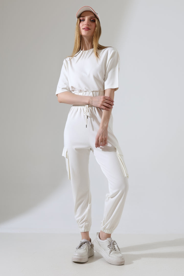Kadın Ekru Crop Kargo Cepli Jogger Eşofman Takımı