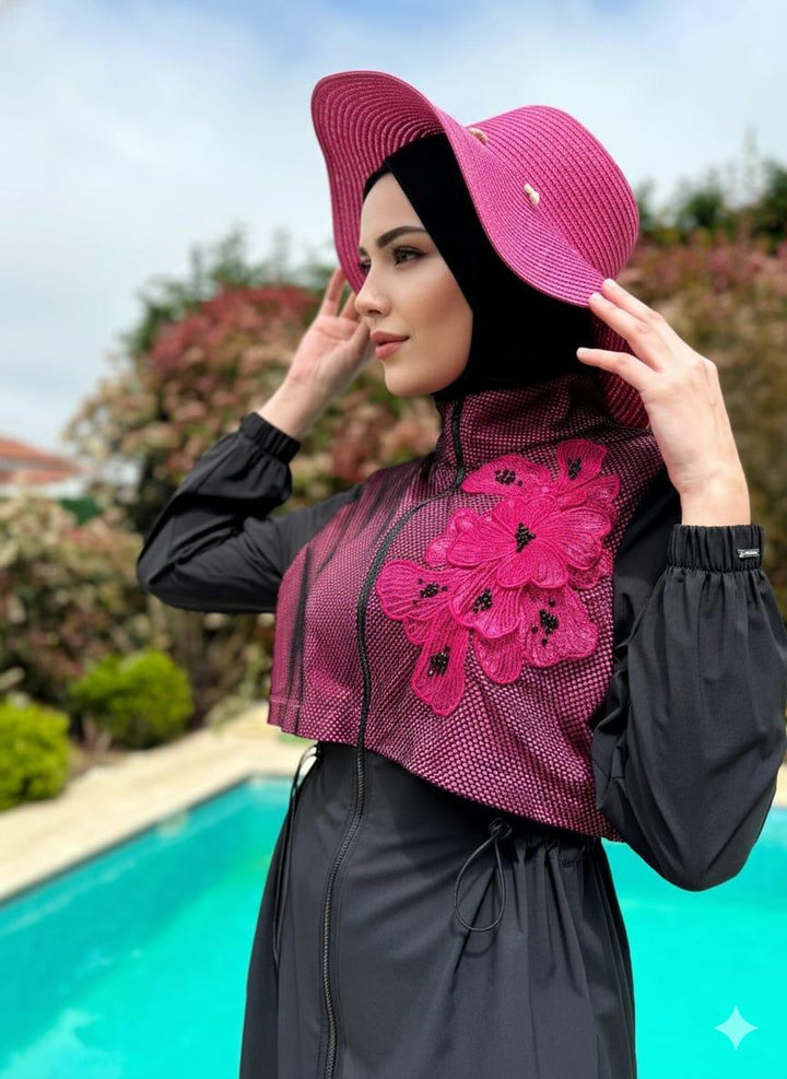APLİKE DETAYLI FİLELİ TESETTÜR MAYO Siyah-Fuşya