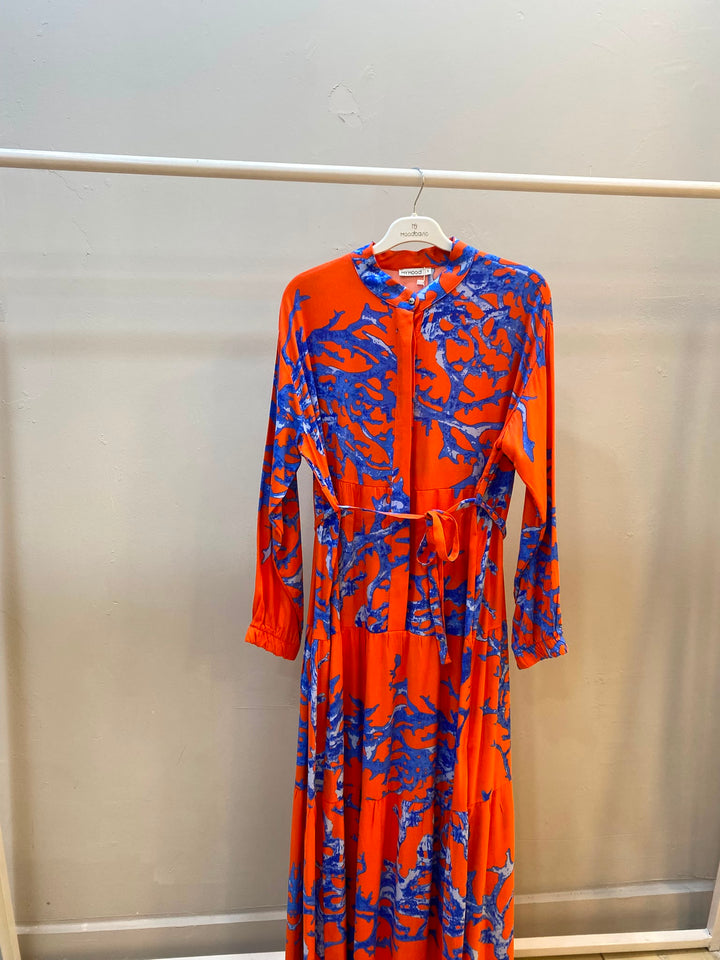 GATHERED COMFORT FIT PATTERNED DRESS Orange