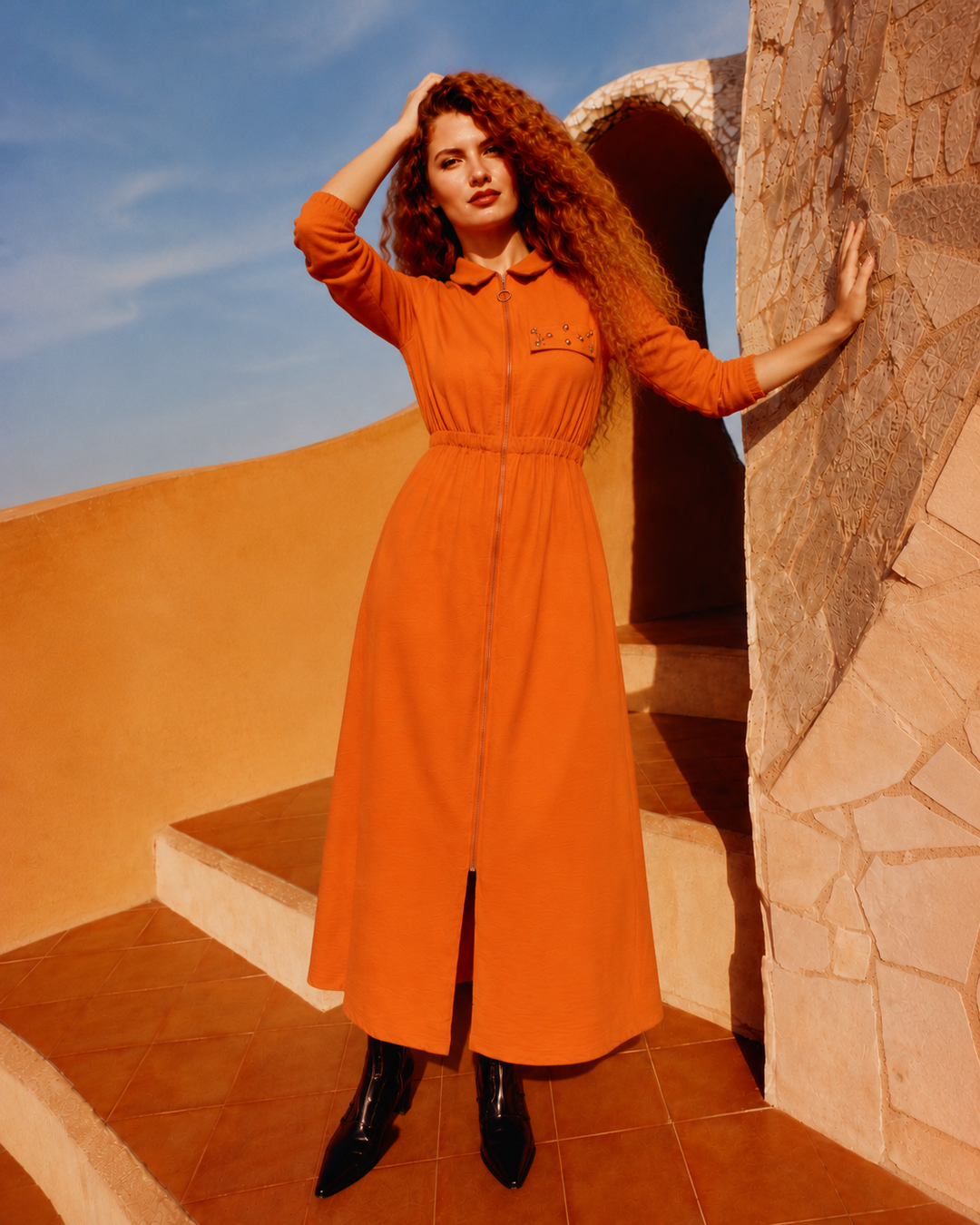 BELİ LASTİKLİ FERMUARLI PARAŞÜT ELBİSE Orange