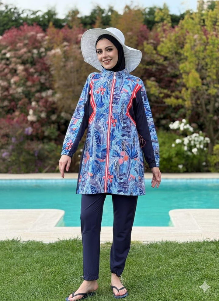 ÇİÇEK DESENLİ GARNİLİ TESETTÜR MAYO Lacivert