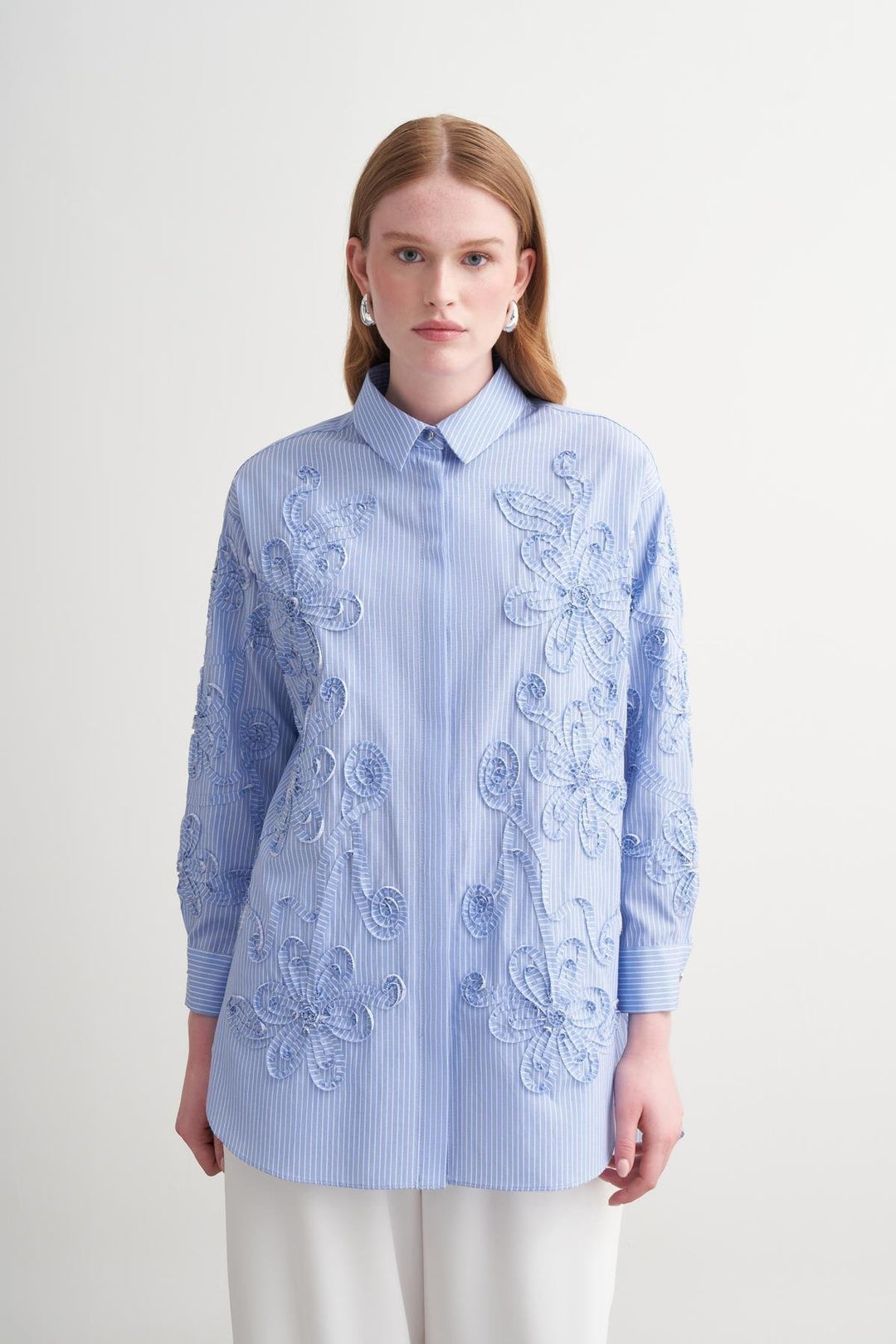 FLORAL EMBROIDERED STRIPED COTTON SHIRT Blue Stripe