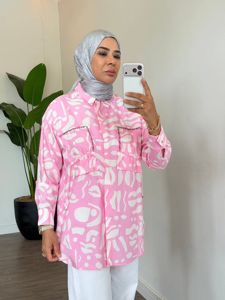 ÇITÇIT DETAYLI DESENLİ FERMUARLI GÖMLEK Pembe