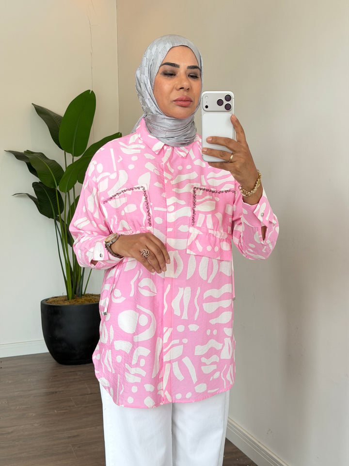 ÇITÇIT DETAYLI DESENLİ FERMUARLI GÖMLEK Pembe