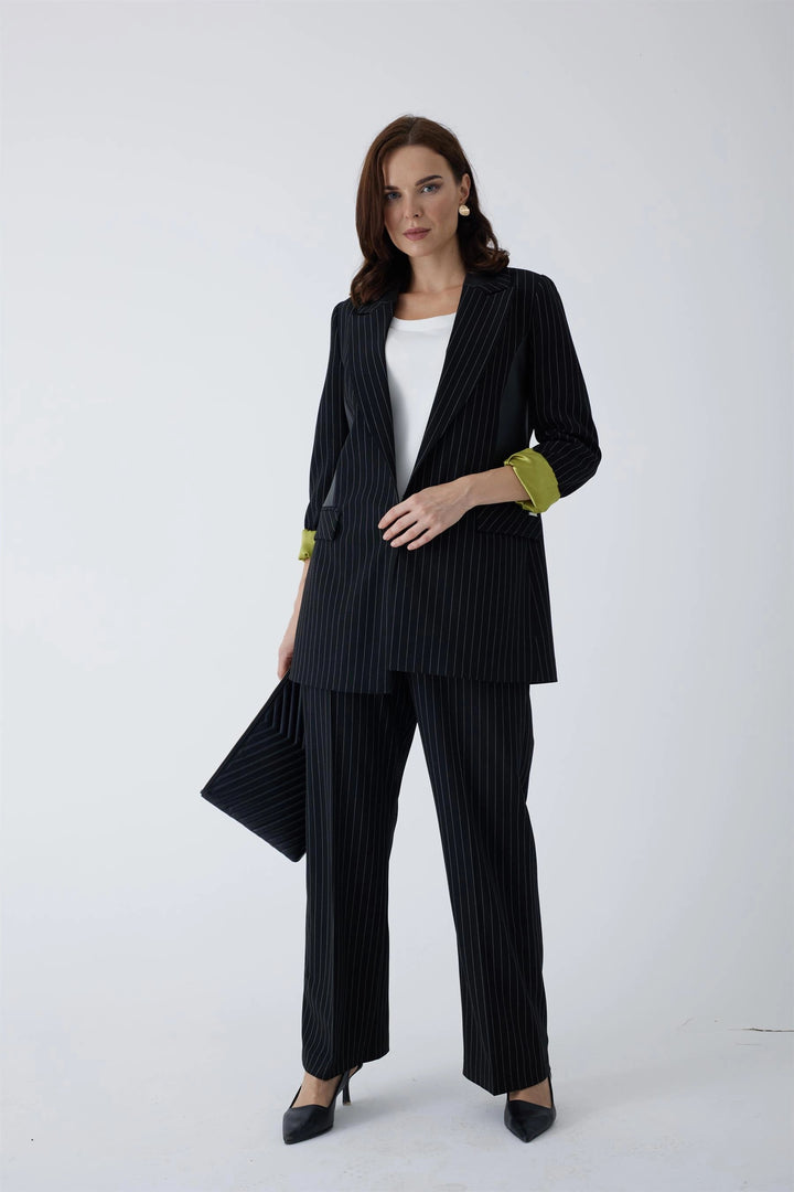 ÇİZGİLİ BOL PAÇA PANTOLON Siyah