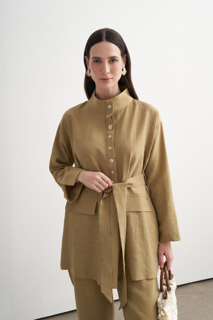 BUTTON DETAILED BAMBOO LINEN SET Olive