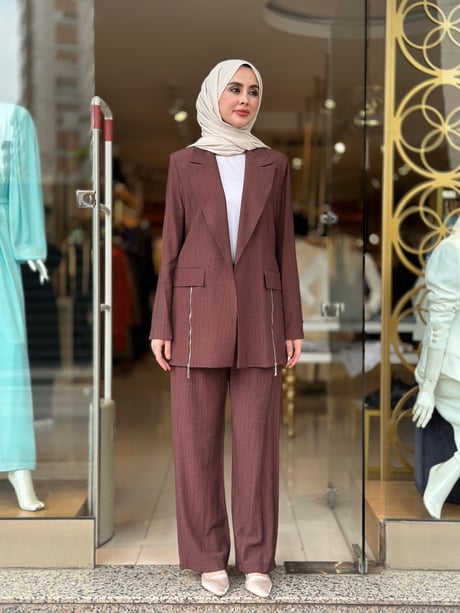 ZIPPER DETAIL BLAZER JACKET SET CHOCOLATE