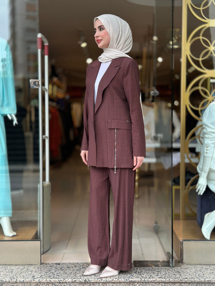 FERMUAR DETAYLI BLAZER CEKET TAKIM ÇİKOLATA