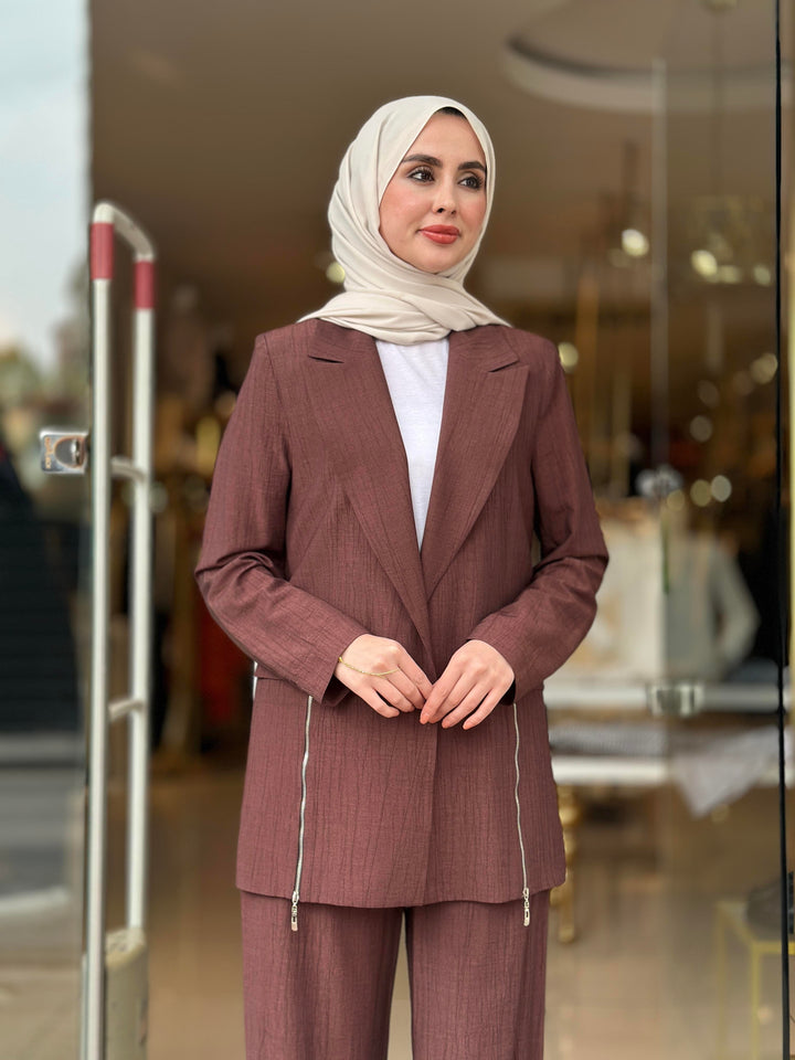 FERMUAR DETAYLI BLAZER CEKET TAKIM ÇİKOLATA