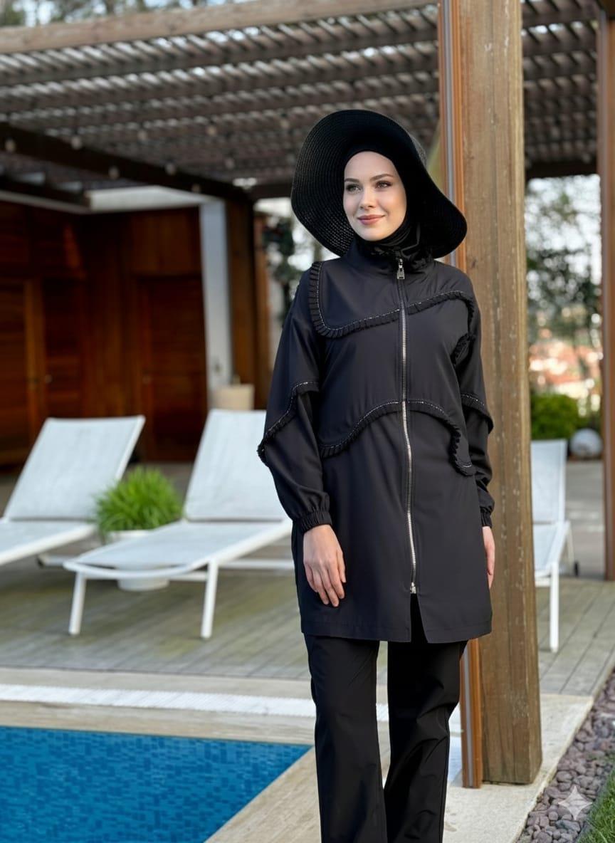 FIRFIR ŞERİTLİ TESETTÜR MAYO Siyah