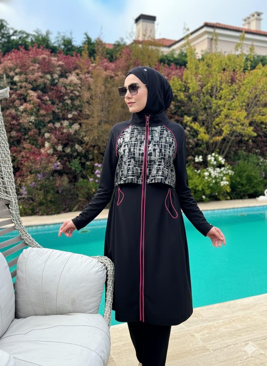 GARNİLİ DESENLİ TESETTÜR MAYO Siyah