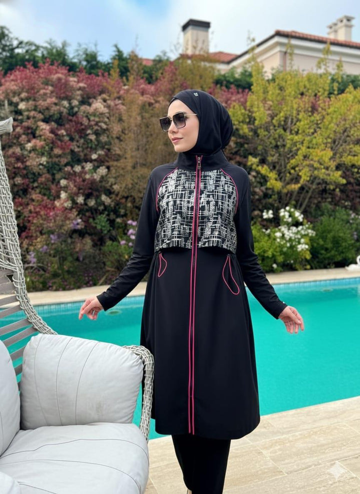 GARNİLİ DESENLİ TESETTÜR MAYO Siyah