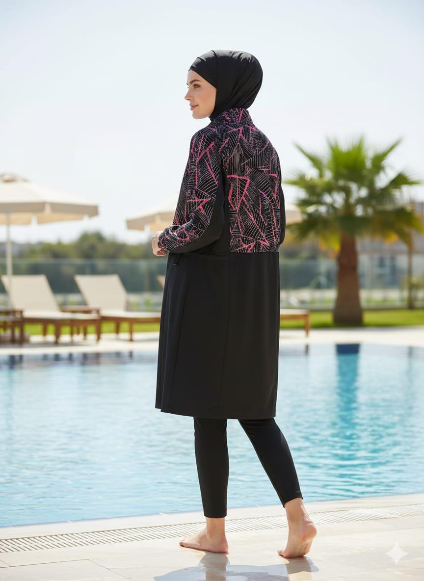 GEOMETRİK DESENLİ TESETTÜR MAYO Siyah