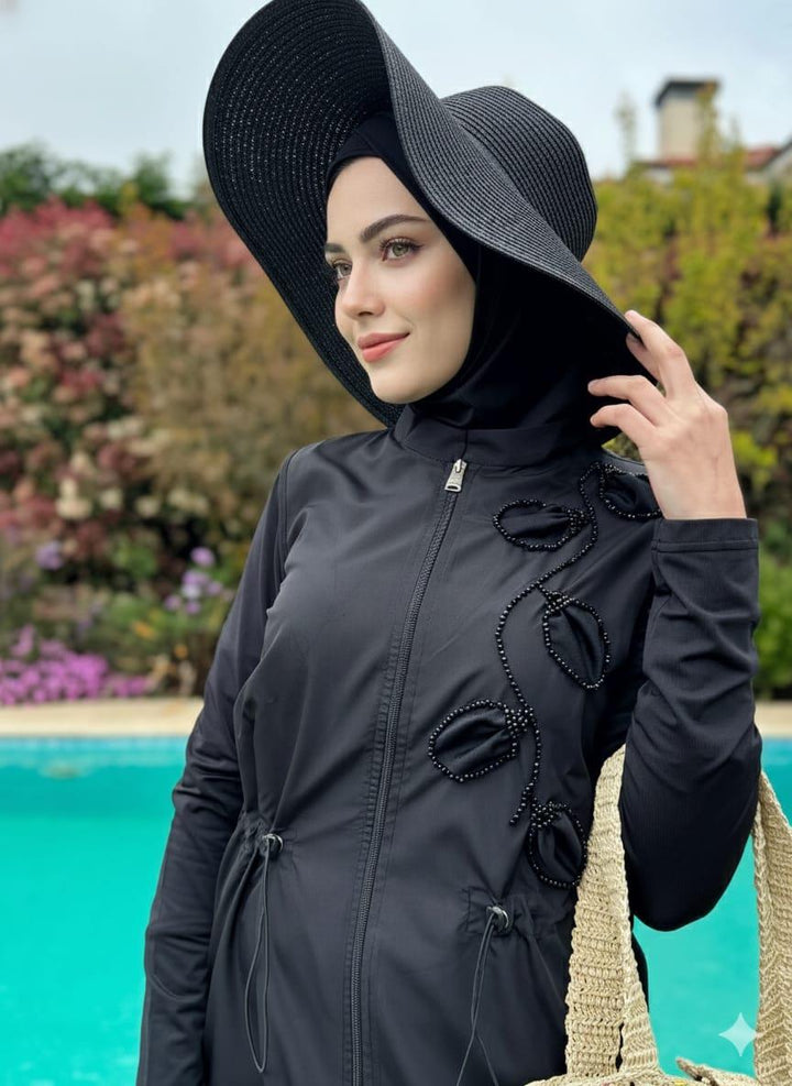 İŞLEMELİ BÜYÜK BEDEN TESETTÜR MAYO Siyah