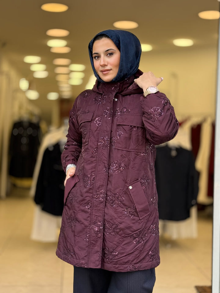 PUL NAKIŞLI KAPİTONE ASTARLI MONT Cherry