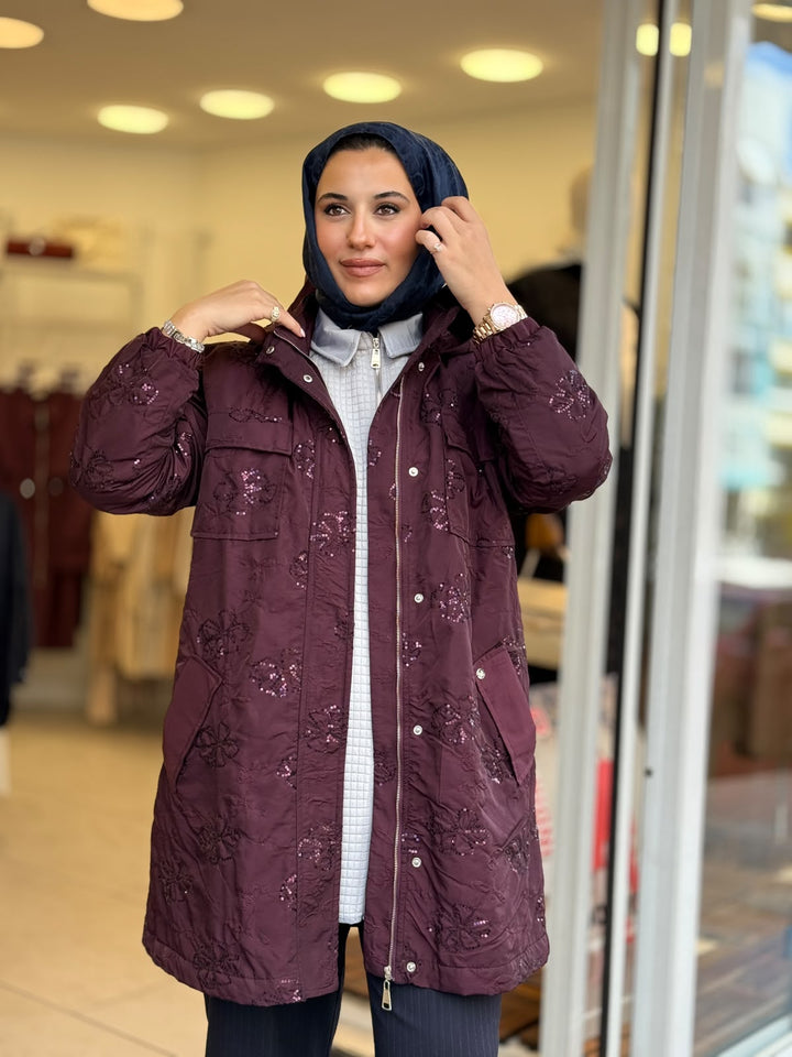 PUL NAKIŞLI KAPİTONE ASTARLI MONT Cherry