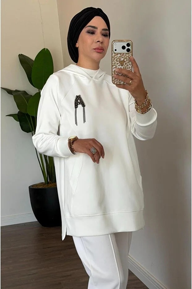 KAPÜŞONLU AKSESUAR DETAYLI SWEATSHIRT Ekru