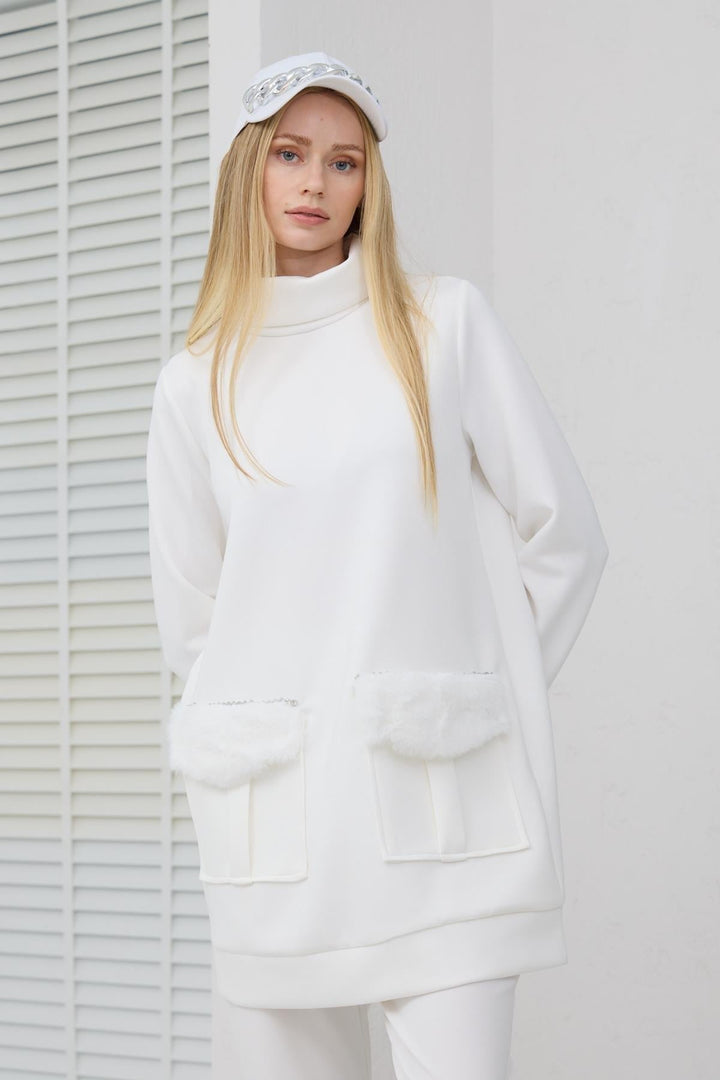 KÜRK CEPLİ SWEATSHIRT Ekru