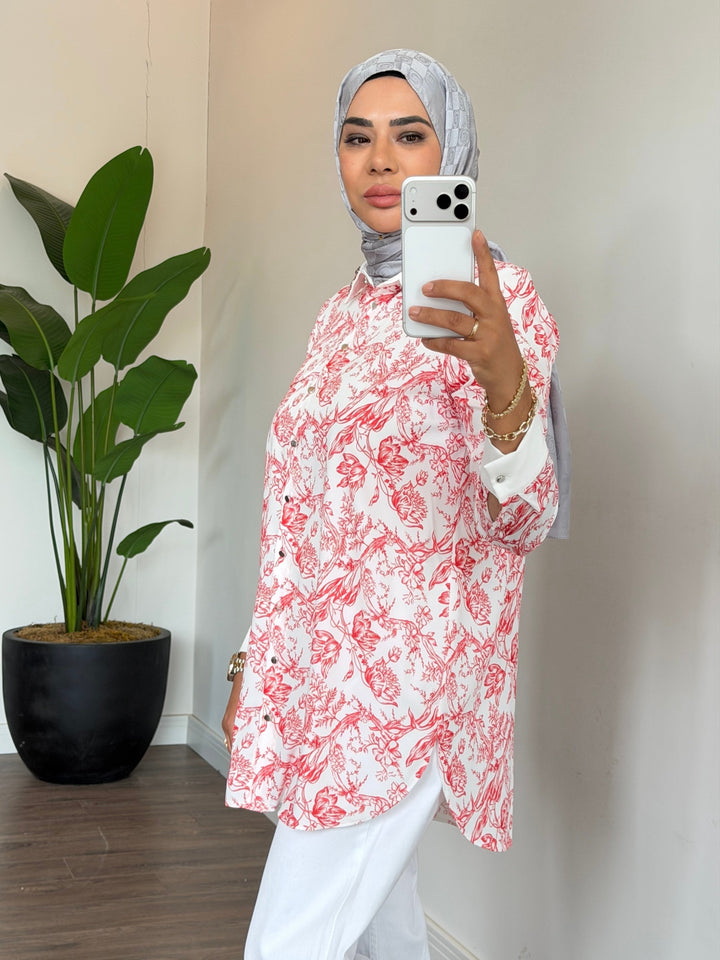 ÇİNİ DESENLİ KREP GÖMLEK Pembe