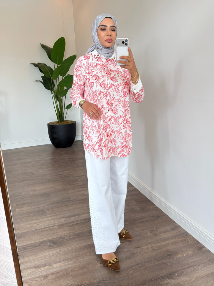 ÇİNİ DESENLİ KREP GÖMLEK Pembe