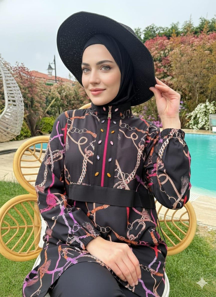 PÜSKÜL ZİNCİR DESENLİ TESETTÜR MAYO Siyah