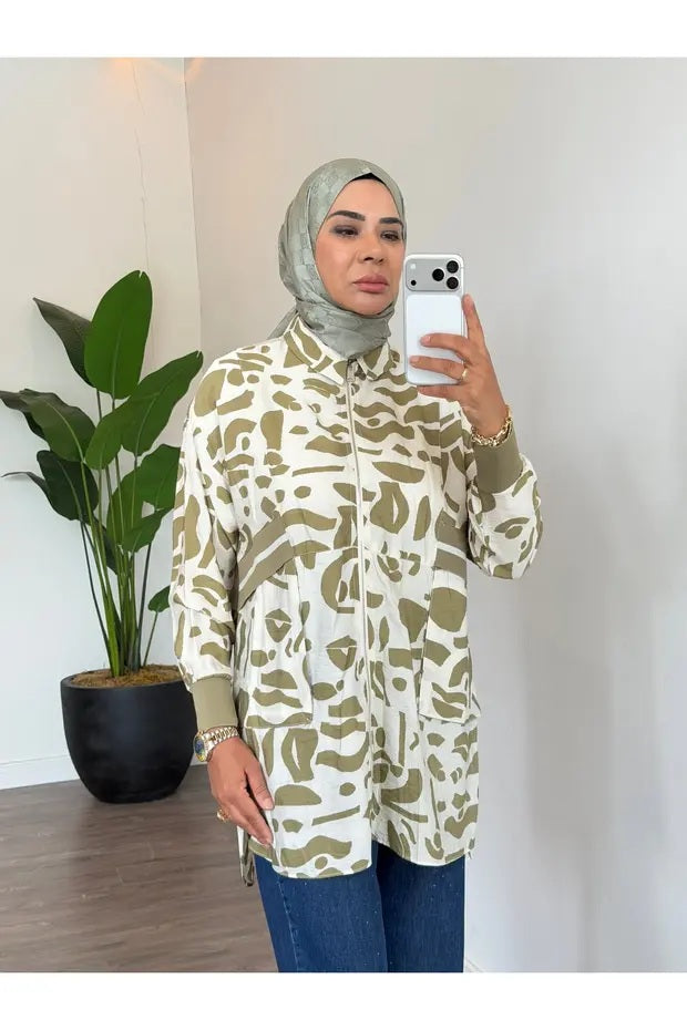 RİBANA DETAYLIDESENLİ GÖMLEK Olive