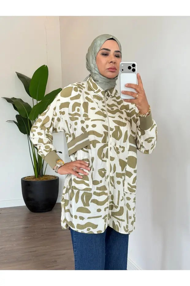 RİBANA DETAYLIDESENLİ GÖMLEK Olive