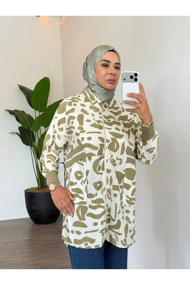 RİBANA DETAYLIDESENLİ GÖMLEK Olive