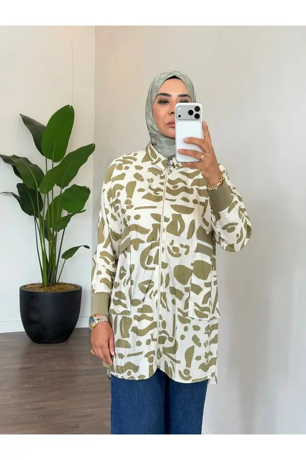 RİBANA DETAYLIDESENLİ GÖMLEK Olive