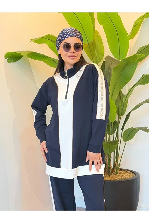 TRACKSUIT WITH STRIPE ACCESSORY AND ZIPPER Navy Blue