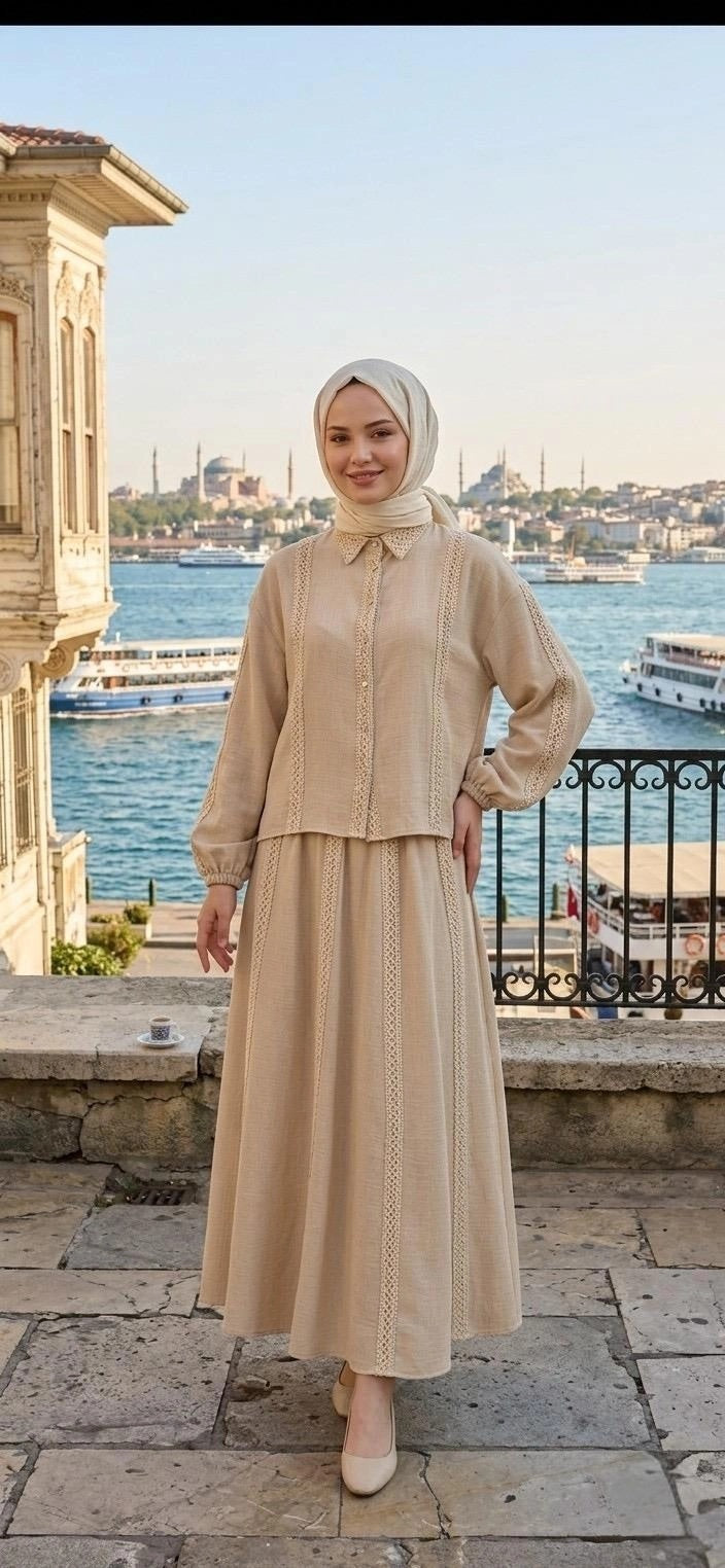 ŞERİT DETAYLI ETEKLİ KETEN TAKIM Bej