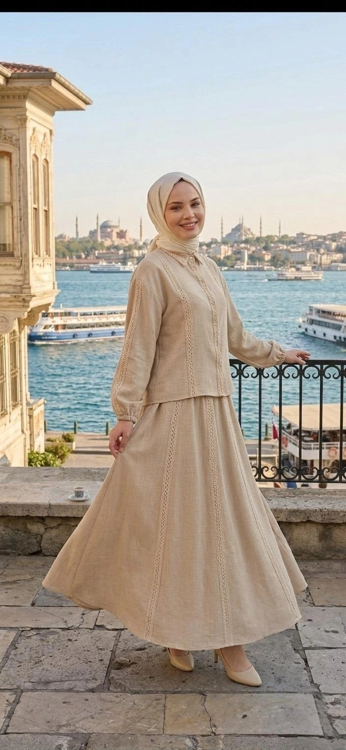 ŞERİT DETAYLI ETEKLİ KETEN TAKIM Bej