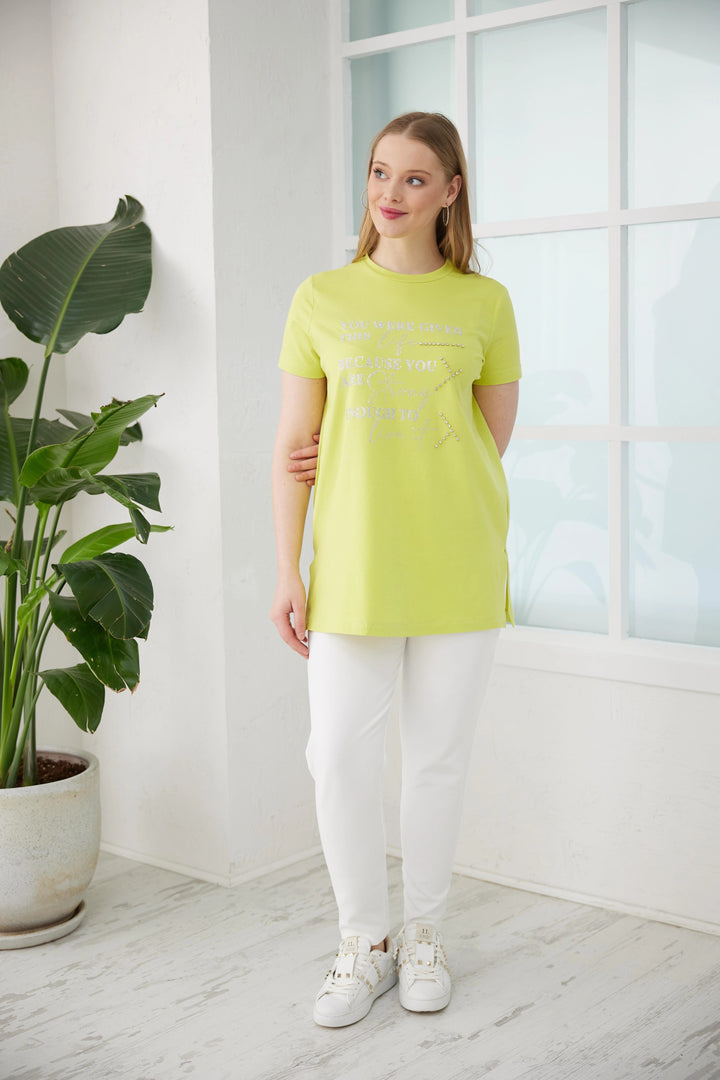 SİMLİ TAŞ İŞLEMELİ YAZILI TSHIRT Lime