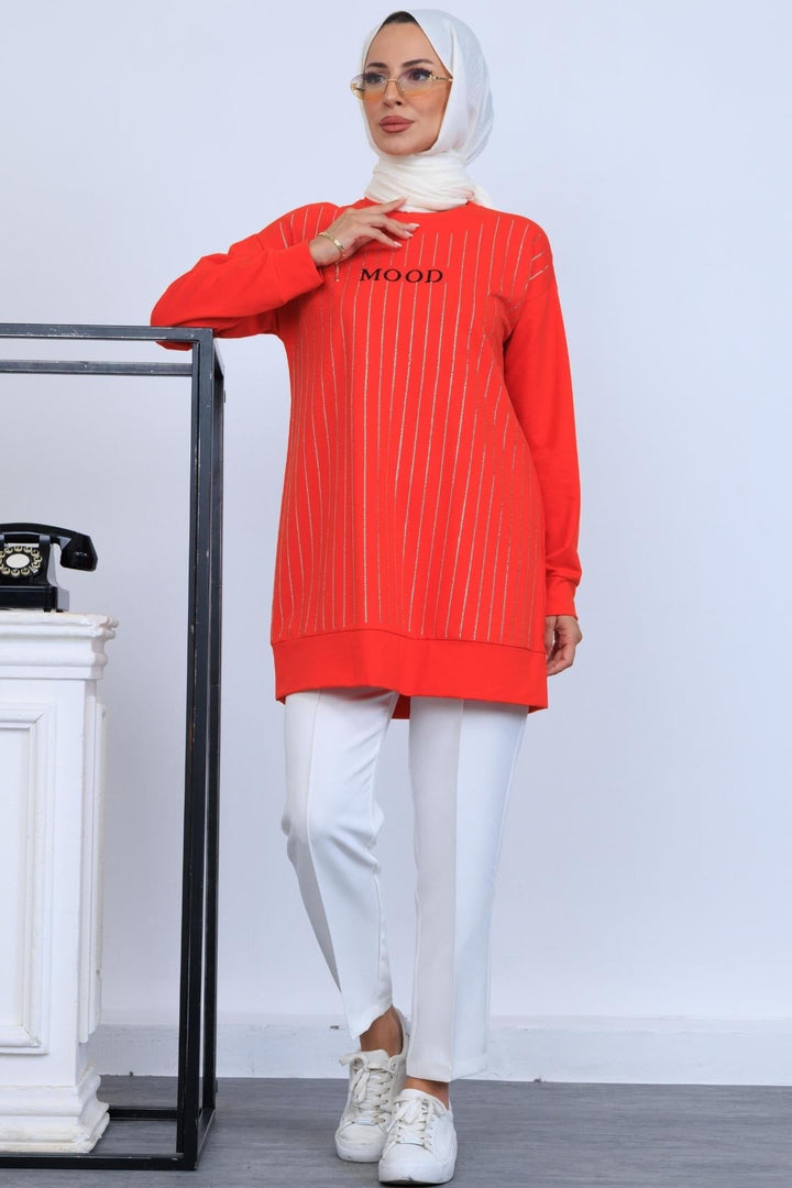 SIRA TAŞLI NAKIŞLI SWEATSHIRT Mercan
