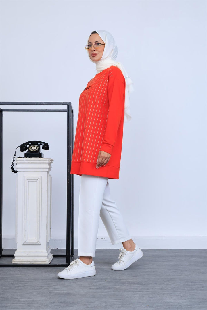 SIRA TAŞLI NAKIŞLI SWEATSHIRT Mercan