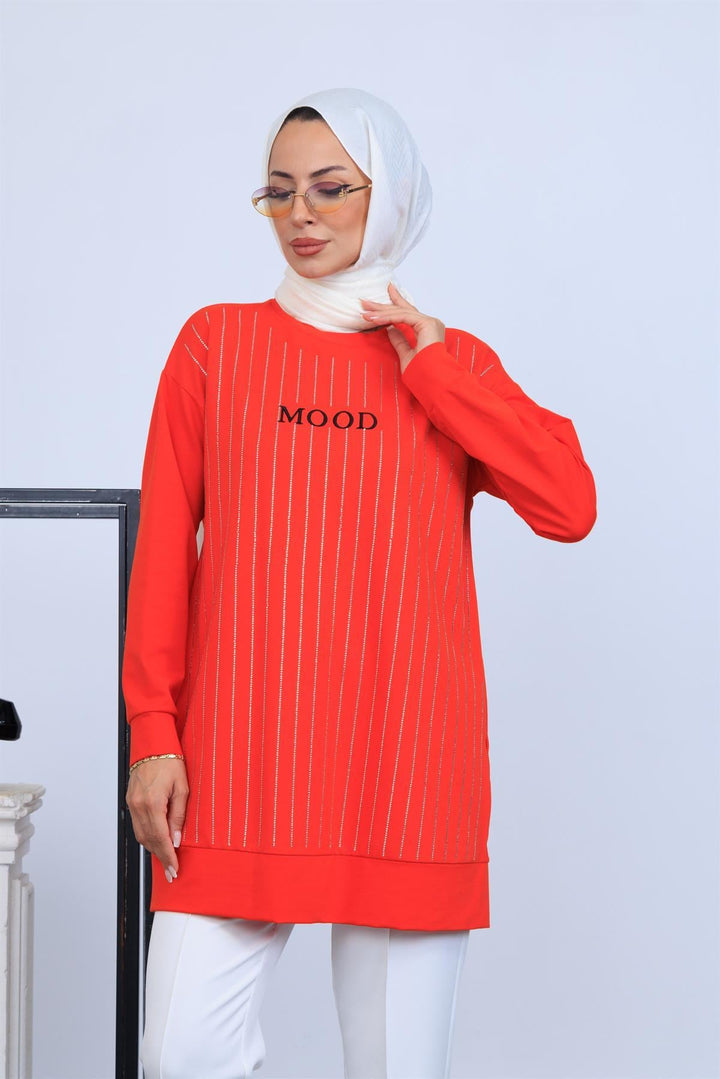 EMBROIDERED SWEATSHIRT WITH RHINESTONE ROWS Coral