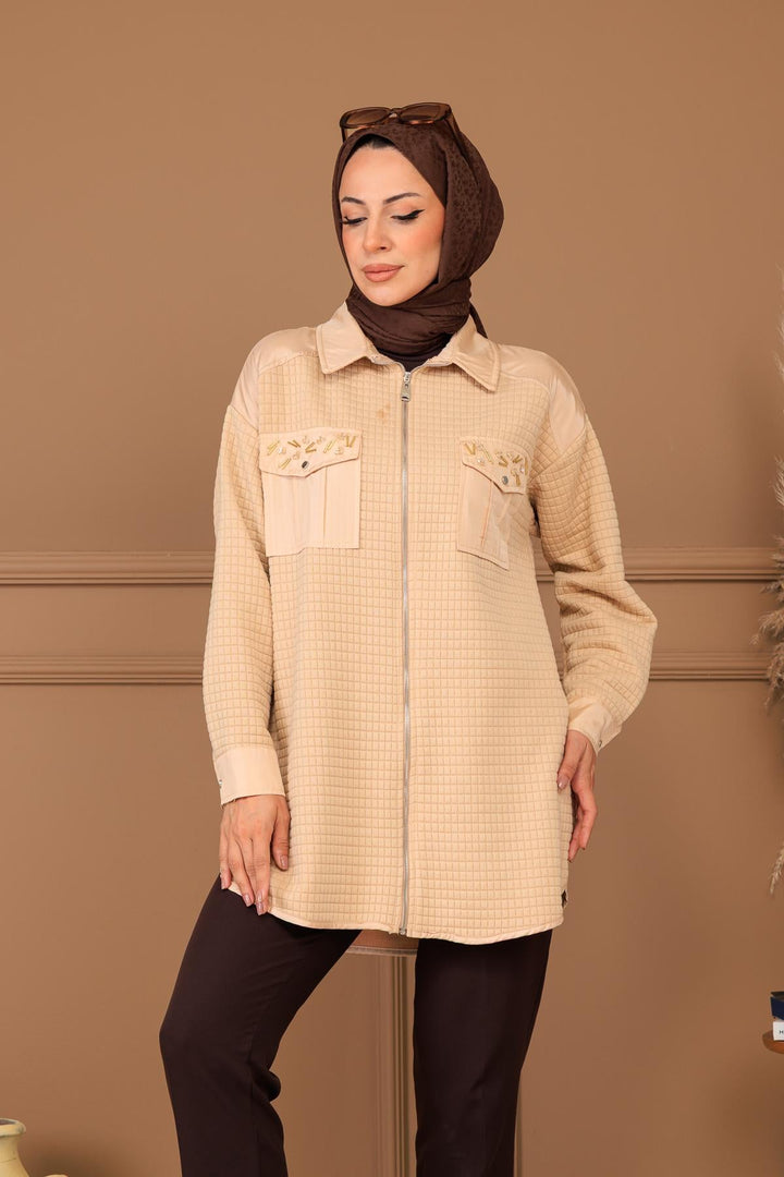 STONE DETAIL QUILTED ZIP SHIRT Beige