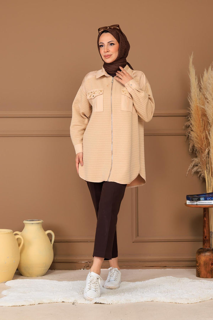 STONE DETAIL QUILTED ZIP SHIRT Beige