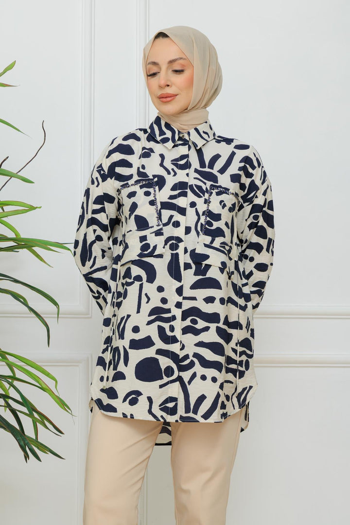 STONE EMBROIDERED TENCEL SHIRT Navy Blue