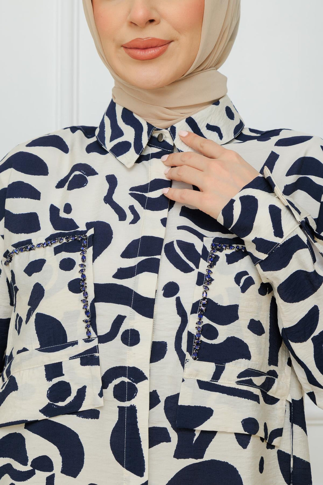 STONE EMBROIDERED TENCEL SHIRT Navy Blue