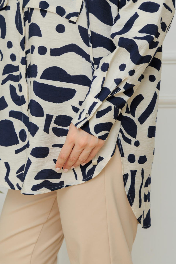 STONE EMBROIDERED TENCEL SHIRT Navy Blue